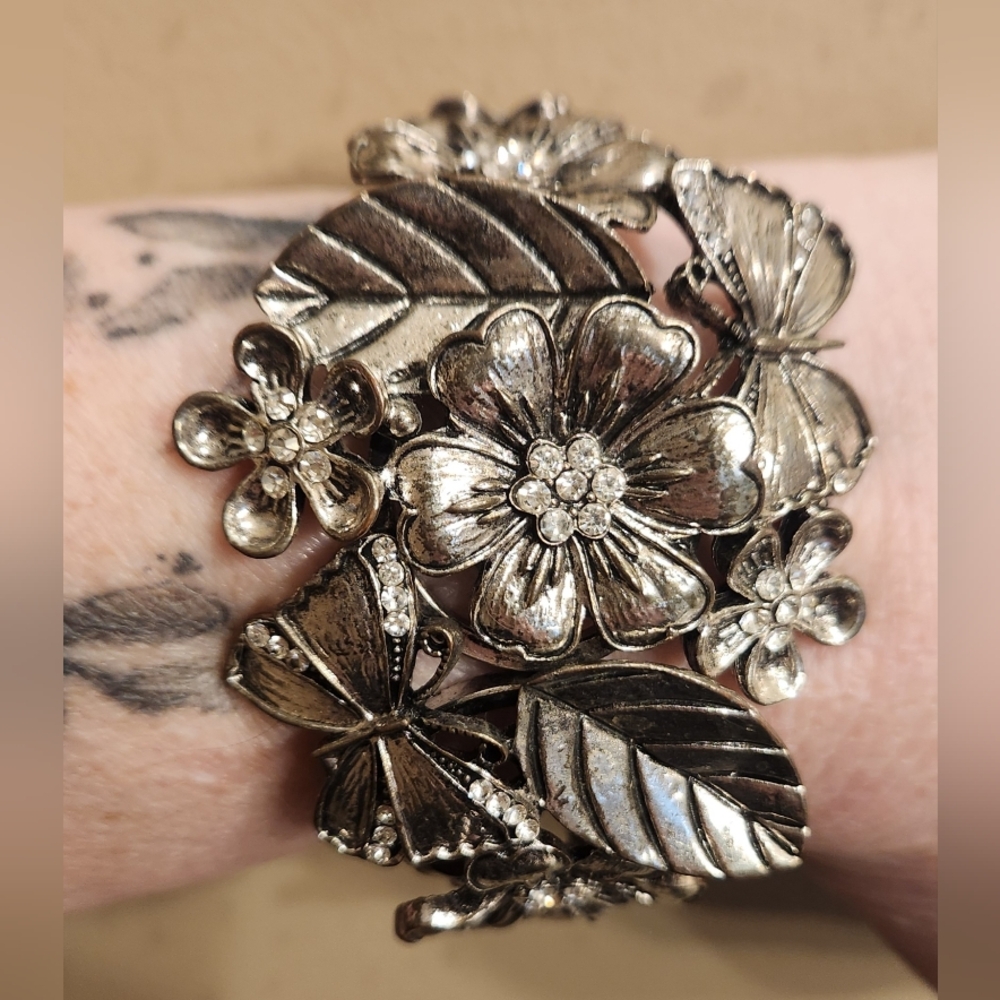 Floral and Butterfly Silver Tone Bracelet